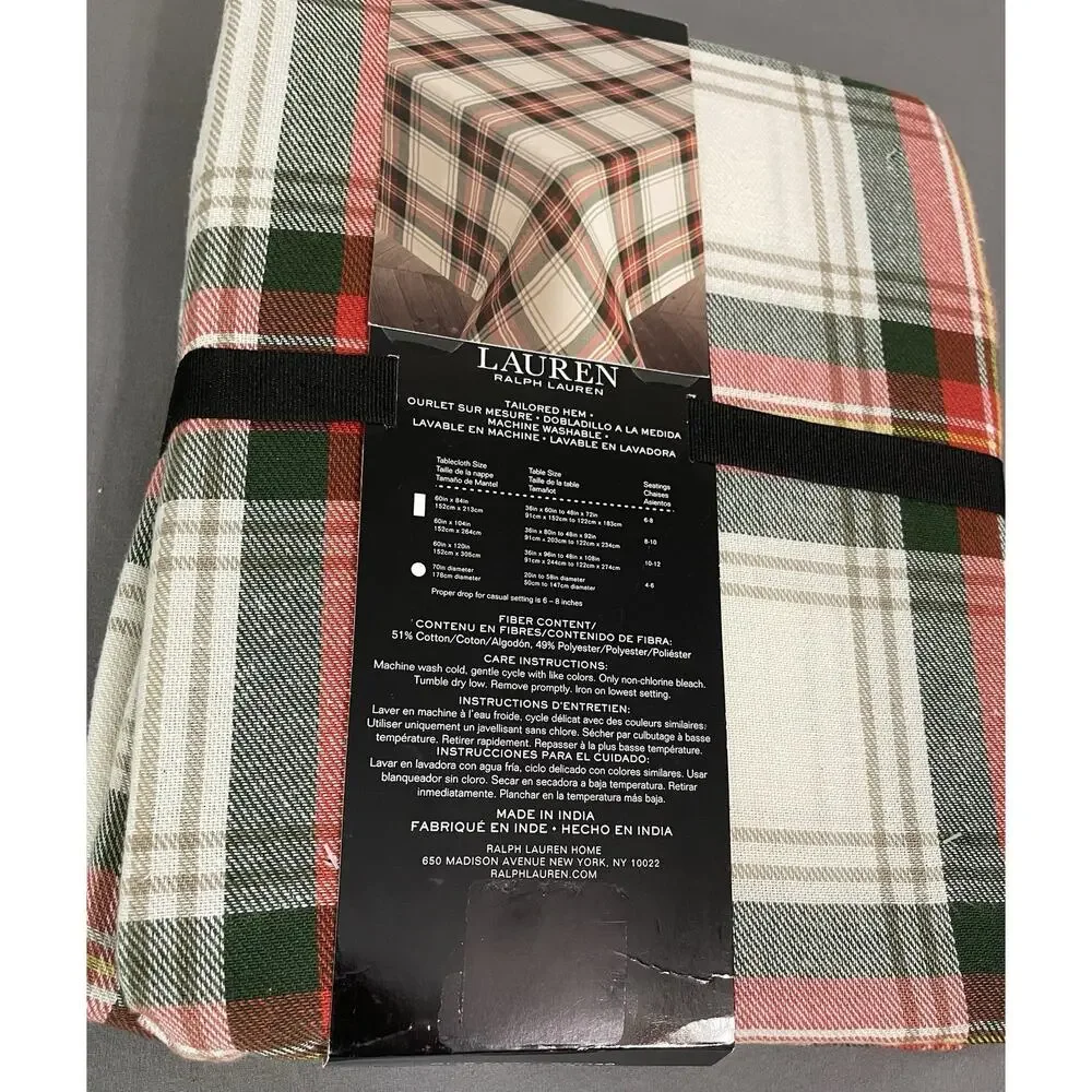 Lauren Ralph Lauren Plaid Tablecloth 60x104 Oblong New Tartan Red Green White